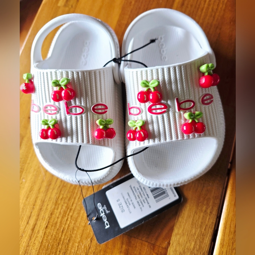 NEW! Bebe Girls White Sandals Slides with Red and Green Cherry Details Size 5